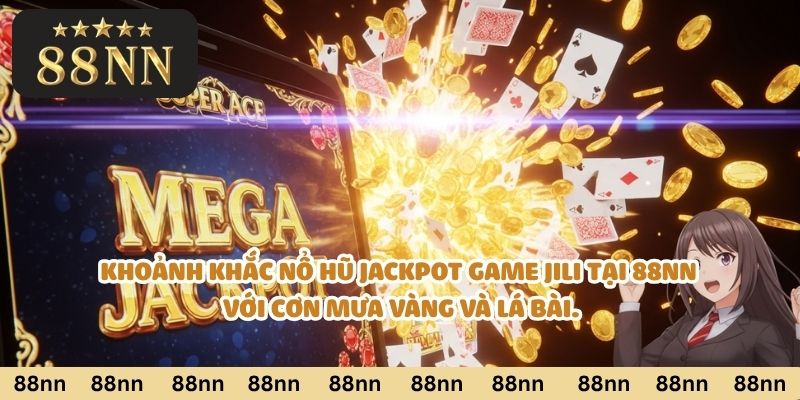 Khoảnh khắc nổ hũ jackpot game Jili tại 88nn với cơn mưa vàng và lá bài.