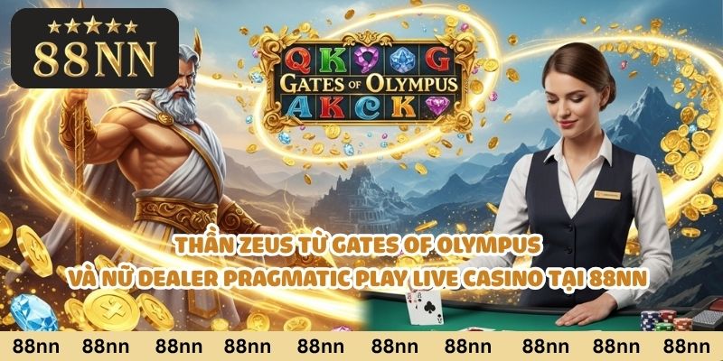 Thần Zeus từ Gates of Olympus và nữ dealer Pragmatic Play Live Casino tại 88nn cùng vàng và lá bài.