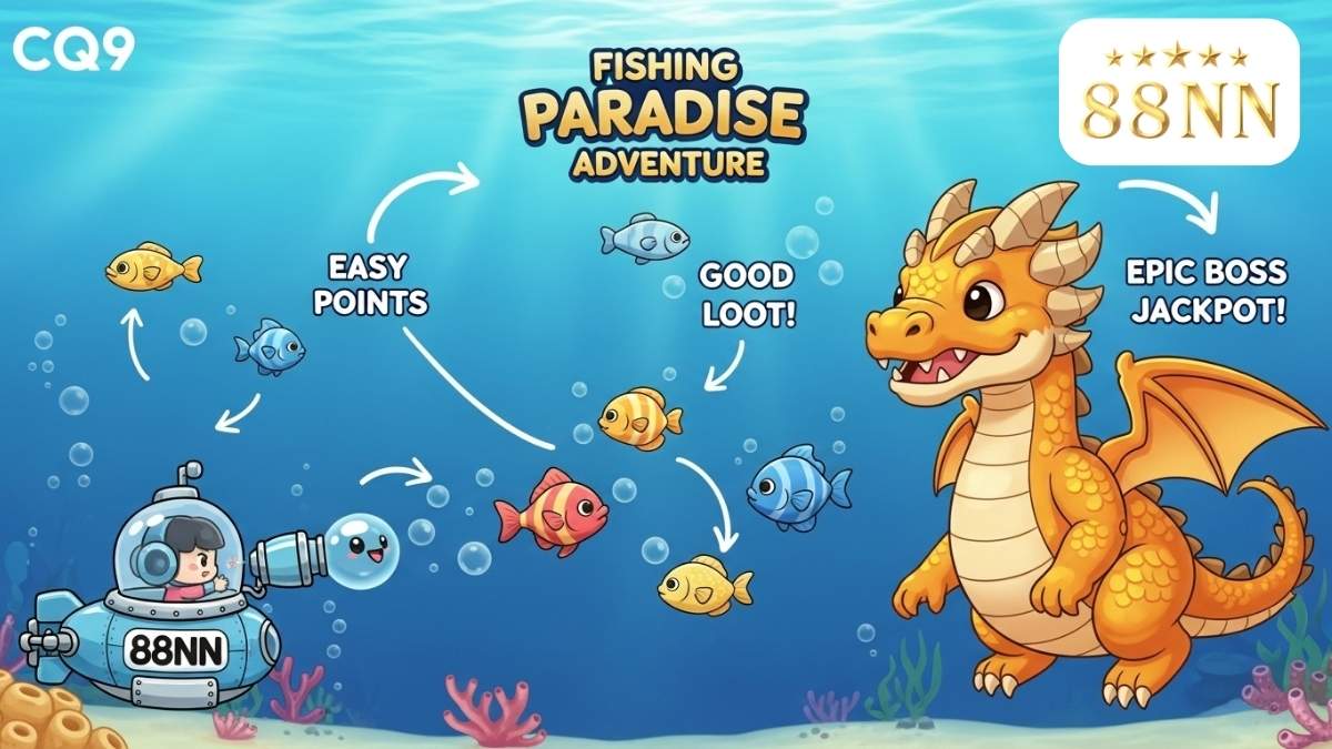 Hình ảnh minh họa game bắn cá Paradise của CQ9 tại 88NN, mô tả một cảnh săn cá dưới đại dương với người chơi 88NN đang nhắm bắn boss Rồng Vàng để làm rõ sự hấp dẫn và cơ hội thắng lớn của game. Chơi bắn cá đổi thưởng CQ9, săn boss jackpot.