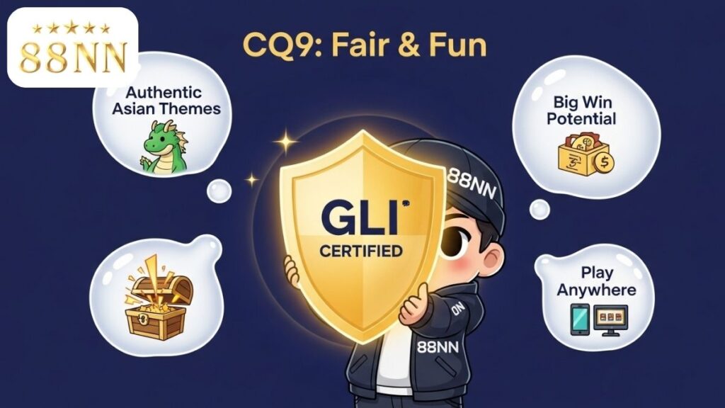 Infographic giải thích sự uy tín của CQ9 Gaming tại 88NN, mô tả một nhân vật chibi 88NN cầm chiếc khiên vàng "GLI Certified" để làm rõ sự công bằng và an toàn của nhà cung cấp này. Game slot châu Á, nổ hũ uy tín.