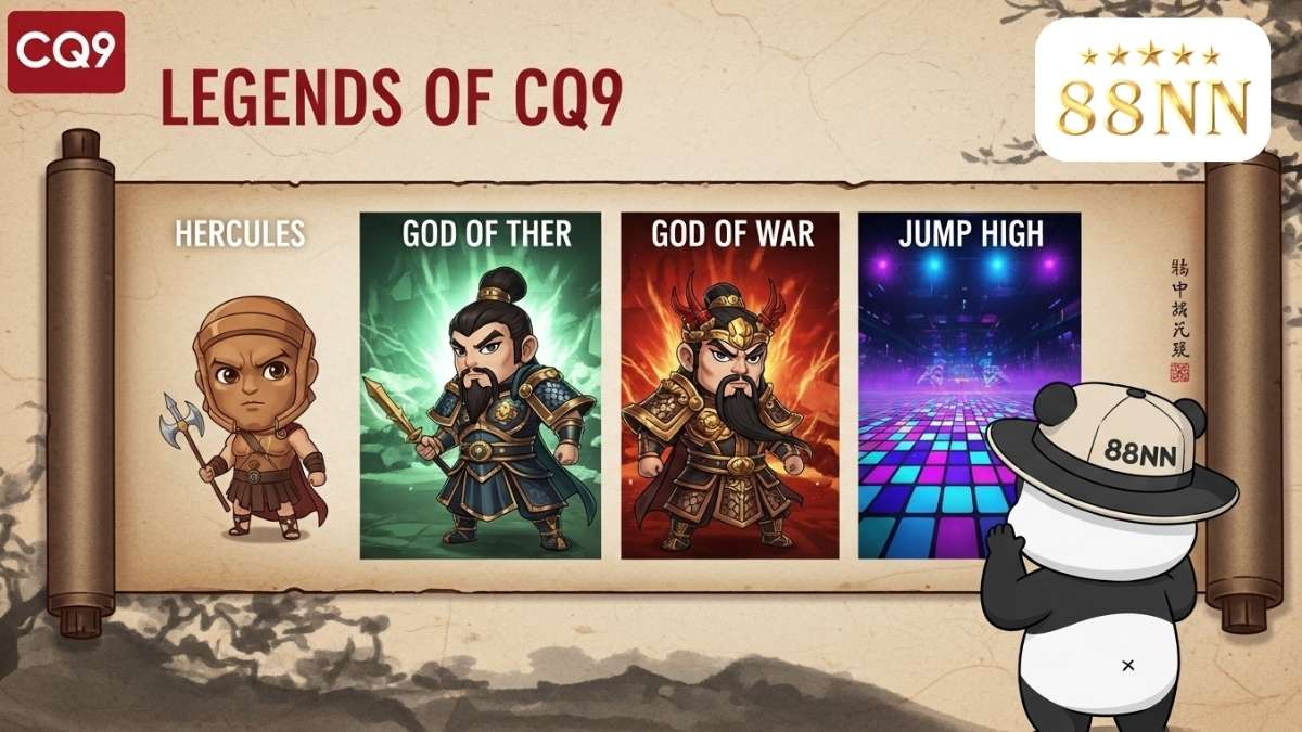 Hình ảnh minh họa giới thiệu các chủ đề game châu Á của CQ9 tại 88NN, mô tả một cuộn tranh cổ với các nhân vật chibi từ game Hercules, God of War, Jump High để làm rõ sự đa dạng và bản sắc văn hóa của game. Chơi slot CQ9, game nổ hũ chủ đề Tam Quốc.